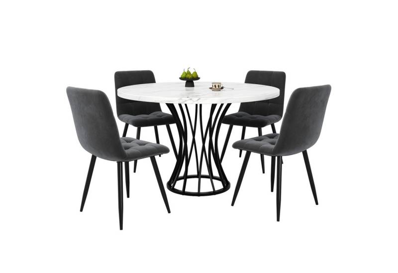 OKWISH Essgruppe Esstisch mit 4 Stühlen, (Esstisch-Set (5 Teile) – moderner Küchentisch (80 cm Durchmesser) mit schwarz-marmorierter Tischplatte, grauen Samt-Stühlen, verstellbaren Tischbeinen und robustem Metallrahmen – für Esszimmer & Wohnzimmer, 5-tlg) von OKWISH