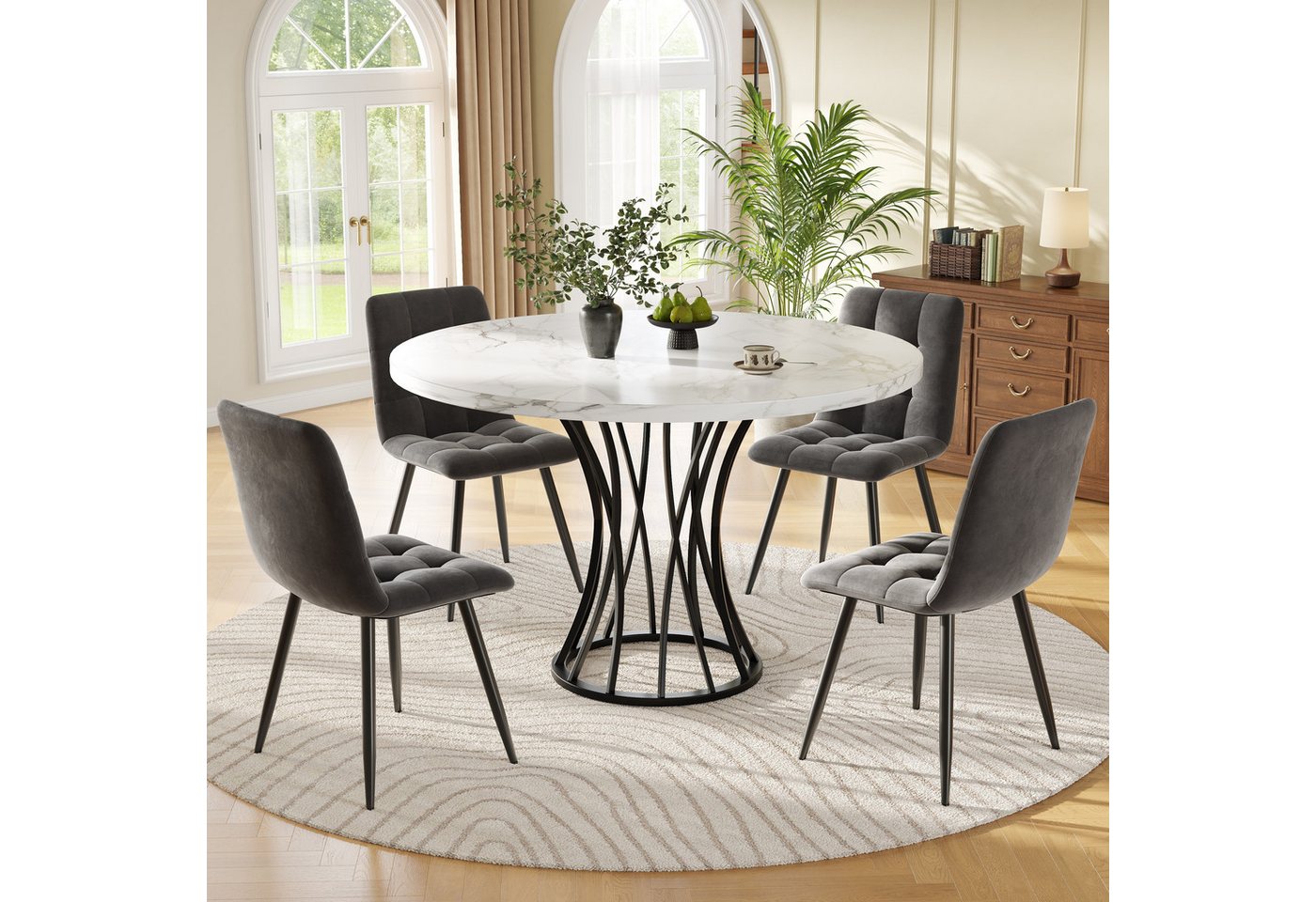 OKWISH Essgruppe Esstisch mit 4 Stühlen, (Esstisch-Set (5 Teile) – moderner Küchentisch (80 cm Durchmesser) mit schwarz-marmorierter Tischplatte, grauen Samt-Stühlen, verstellbaren Tischbeinen und robustem Metallrahmen – für Esszimmer & Wohnzimmer, 5-tlg) von OKWISH