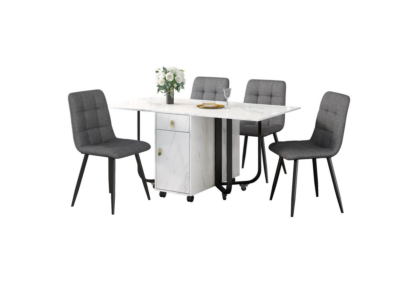 OKWISH Essgruppe Esstisch mit 4 Stühlen, (Klappbarer Küchentisch Set, Samt Esszimmerstühle, 5-tlg., Tischplatte mit Marmormuster), mit ausziehbarer Tisch,Polsterstuhl mit Rückenlehne von OKWISH