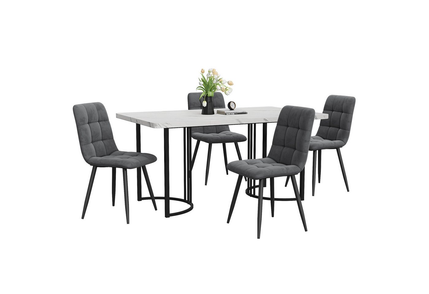 OKWISH Essgruppe Esstisch mit 4 Stühlen, (Moderner Küchentisch Set, 5-tlg., mit Samt Esszimmerstühle), 140×80cm Küchentisch mit Metallbeinen, MDF Tischplatte von OKWISH