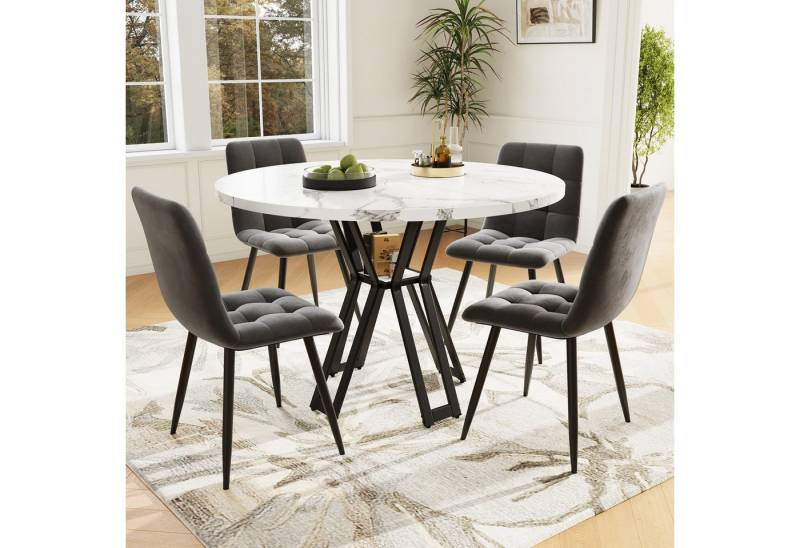 OKWISH Essgruppe Esstisch mit 4 Stühlen, (Stilvolles 5-teiliges Esstisch-Set, 100 cm runder Tisch mit schwarzem Metallrahmen und weiß marmorierter Tischplatte., 5-tlg) von OKWISH