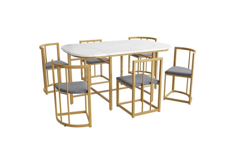 OKWISH Essgruppe Esszimmertisch-Set, (mit Esstisch, 4 kleinen Hockers und 2 großen Hockers, 7-tlg), Stühle mit Rückenlehnen und grauen Polstern von OKWISH