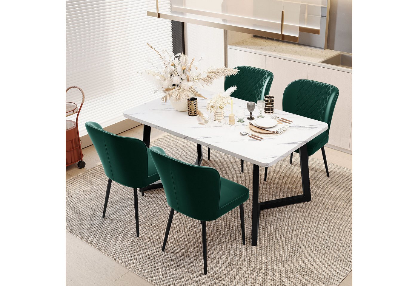 OKWISH Essgruppe Küchentisch Set, (5-tlg., 1 Esstisch mit 4 Stühlen), mit Metallbeinen, Samt Esszimmerstühle, 117×68×75cm Esstisch von OKWISH