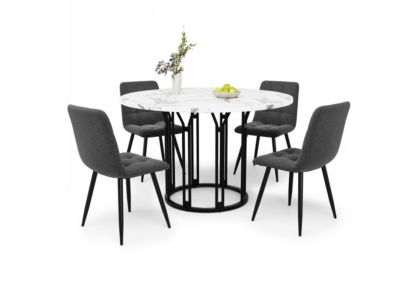 OKWISH Essgruppe Moderne Esstisch,mit Marmoroptik,Esszimmer-Set, (Esstisch-Set 5-teilig mit Marmorplatte und Leinenbezug, runder Tisch (100x100 cm) mit 4 ergonomischen Stühlen, 5-tlg) von OKWISH