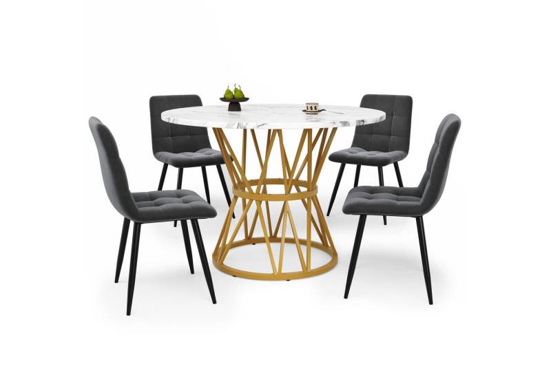 OKWISH Essgruppe Moderne Esstisch,mit Marmoroptik,Esszimmer-Set, (Modernes 5-teiliges Esstisch-Set mit 100 cm MDF-Marmor-Tischplatte, verstellbaren Metallbeinen & samtbezogenen Stühlen., 5-tlg) von OKWISH