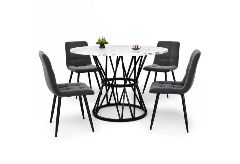 OKWISH Essgruppe Moderne Esstisch,mit Marmoroptik,Esszimmer-Set, (Modernes 5-teiliges Esstisch-Set mit 100 cm MDF-Marmor-Tischplatte, verstellbaren Metallbeinen & samtbezogenen Stühlen., 5-tlg) von OKWISH