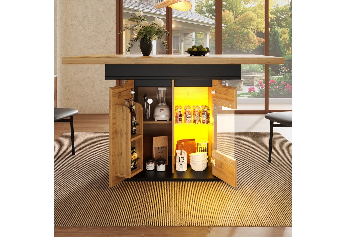 OKWISH Esstisch Ausziehbarer Esstisch (Ausziehbarer Esstisch mit LED-Beleuchtung & Stauraum, Teleskoptisch mit Snackablage & Schranktüren, 1-St., 110-140*80*76cm) von OKWISH