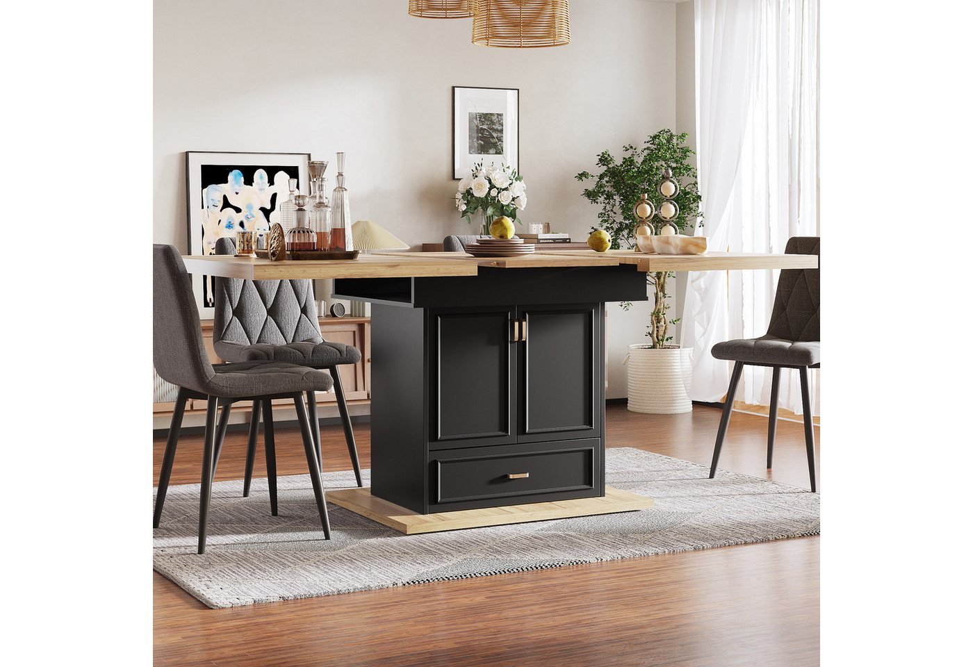 OKWISH Esstisch Ausziehbarer Küchentisch (Holzmaserung, Stauraum mit Türen & Schublade, für Küche & Esszimmer, 1-St., 110-140×80 cm) von OKWISH