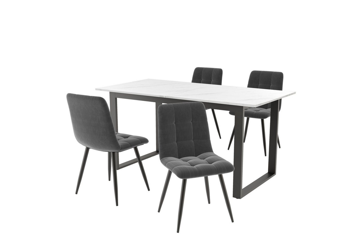 OKWISH Esstisch Essgruppe,Esstisch mit Stühlen Set, Moderner Küchentisch Set (Essgruppe Set (140/180x80x75 cm) – Moderner Ausziehtisch mit 4 Samt-Stühlen, Weiße MDF-Tischplatte, Schwarze Metallbeine, Flexibel & Robust, Ideal für Esszimmer & Küche, Für Familien & Freunde, 5-St) von OKWISH