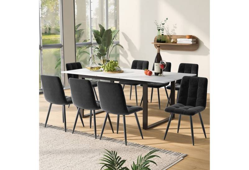 OKWISH Esstisch Essgruppe,Esstisch mit Stühlen Set, Moderner Küchentisch Set (Essgruppe Set (140/180x80x75 cm) – Moderner Ausziehtisch mit 8 Samt-Stühlen, Weiße MDF-Tischplatte, Schwarze Metallbeine, Flexibel & Robust, Ideal für Esszimmer & Küche, Für Familien & Freunde, 9-St) von OKWISH