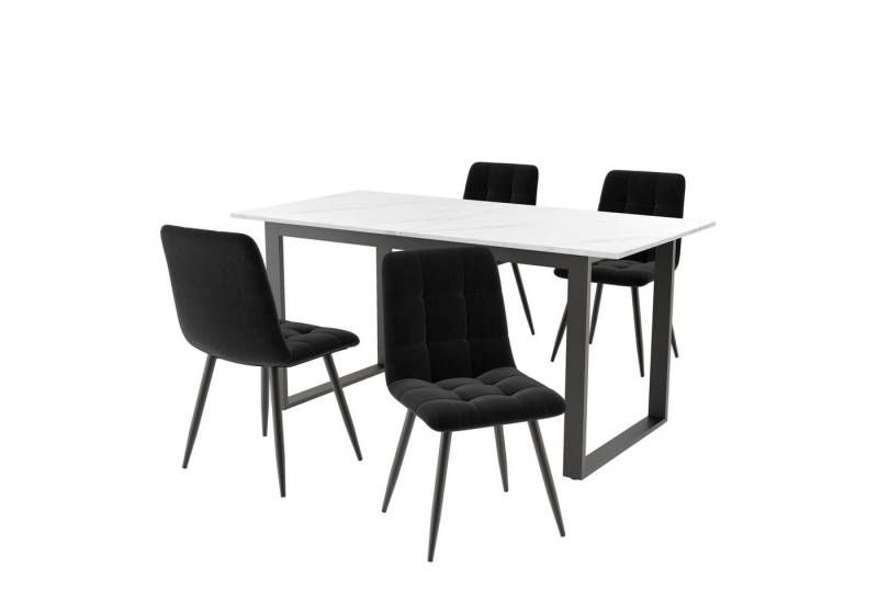 OKWISH Esstisch Moderne Esstisch,mit Marmoroptik,Esszimmer-Set (Essgruppe Set (140/180x80x75 cm) – Moderner Ausziehtisch mit 4 Samt-Stühlen, Weiße MDF-Tischplatte, Schwarze Metallbeine, Flexibel & Robust, Ideal für Esszimmer & Küche, Für Familien & Freunde, 5-St., Tischplatte Mit Marmormustern), Doppelnutzung für Heim & Büro,140/180x80x75cm von OKWISH