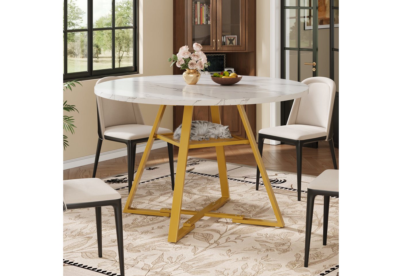 OKWISH Esstisch Moderner Küchentisch (Marmoroptik, Metallbeine, Verstellbare Füße, Metallregal, 1-St., 120x120x75cm(L x B x H) von OKWISH