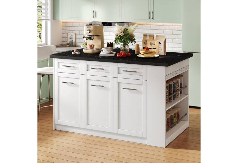 OKWISH Esstisch Multifunktionale Kücheninsel (Multifunktionale Kücheninsel mit ausziehbarem Esstisch (96 cm), integrierten Stauraum, weißer marmorierter Holzarbeitsplatte – perfekt für Familienküchen und Potluck Dinners, 1-St) von OKWISH