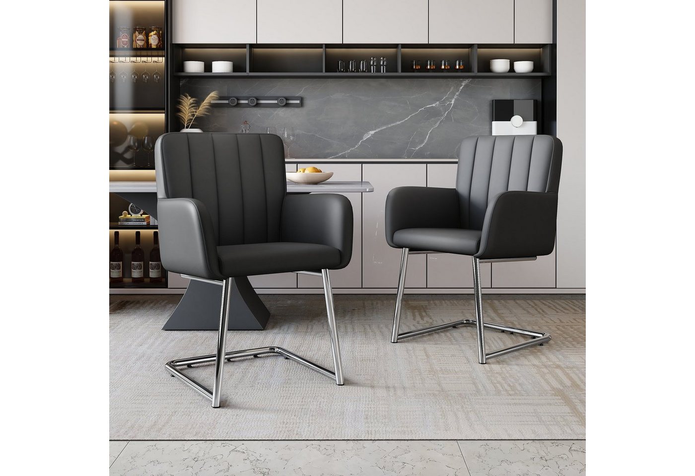 OKWISH Esszimmerstuhl Wohnzimmerstuhl  (mit vertikalen Streifen,Gepolsterter Sessel mit zickzackförmige Metallbeine), Lounge-Stuhl,für Shlafzimmer,Arbeitzimmer und Schreibtisch,Kunstleder von OKWISH