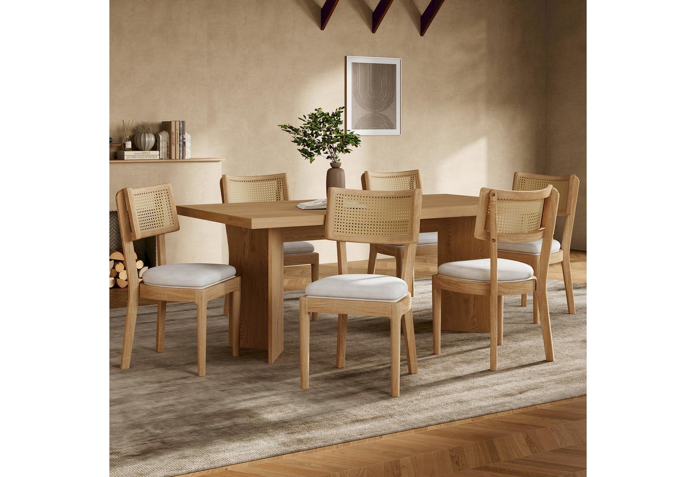 OKWISH Esszimmerstuhl mit Rattan-Rückenlehnen (Set, 4 St), aus Massivholz, Samtkissen von OKWISH