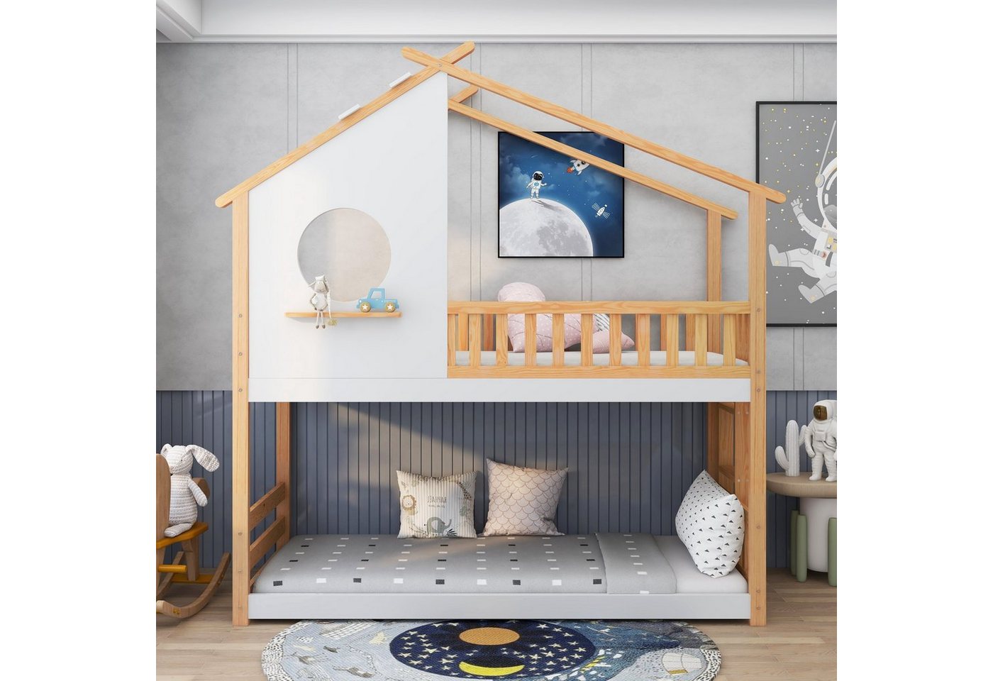 OKWISH Etagenbett Hausbett, Kinderbett, Bett (90x200cm), Etagenbett mit rechtwinkliger Leiter, Ohne Matratze), mit Fallschutz und Barriere, Rahmen aus Kiefernholz von OKWISH