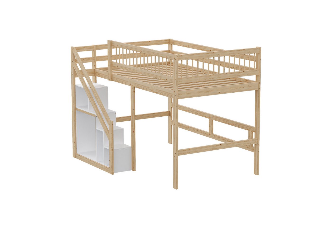 OKWISH Etagenbett Holzbett Kinderbett, Treppe mit Aufbewahrungsschrank (Massivholzbett,mit Stufen-Stauschrank hohem Geländer, 140x200 cm), ohne Matratze von OKWISH