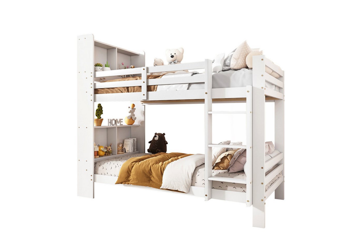 OKWISH Etagenbett Holzbett Stauraumbett Stauraum-Holzbett, Kinderbett (Bettrahmen aus Massivholz, 90x200 cm, mit Regalen und dreistufiger, rechtwinkliger Leiter), Ohne Matratze von OKWISH