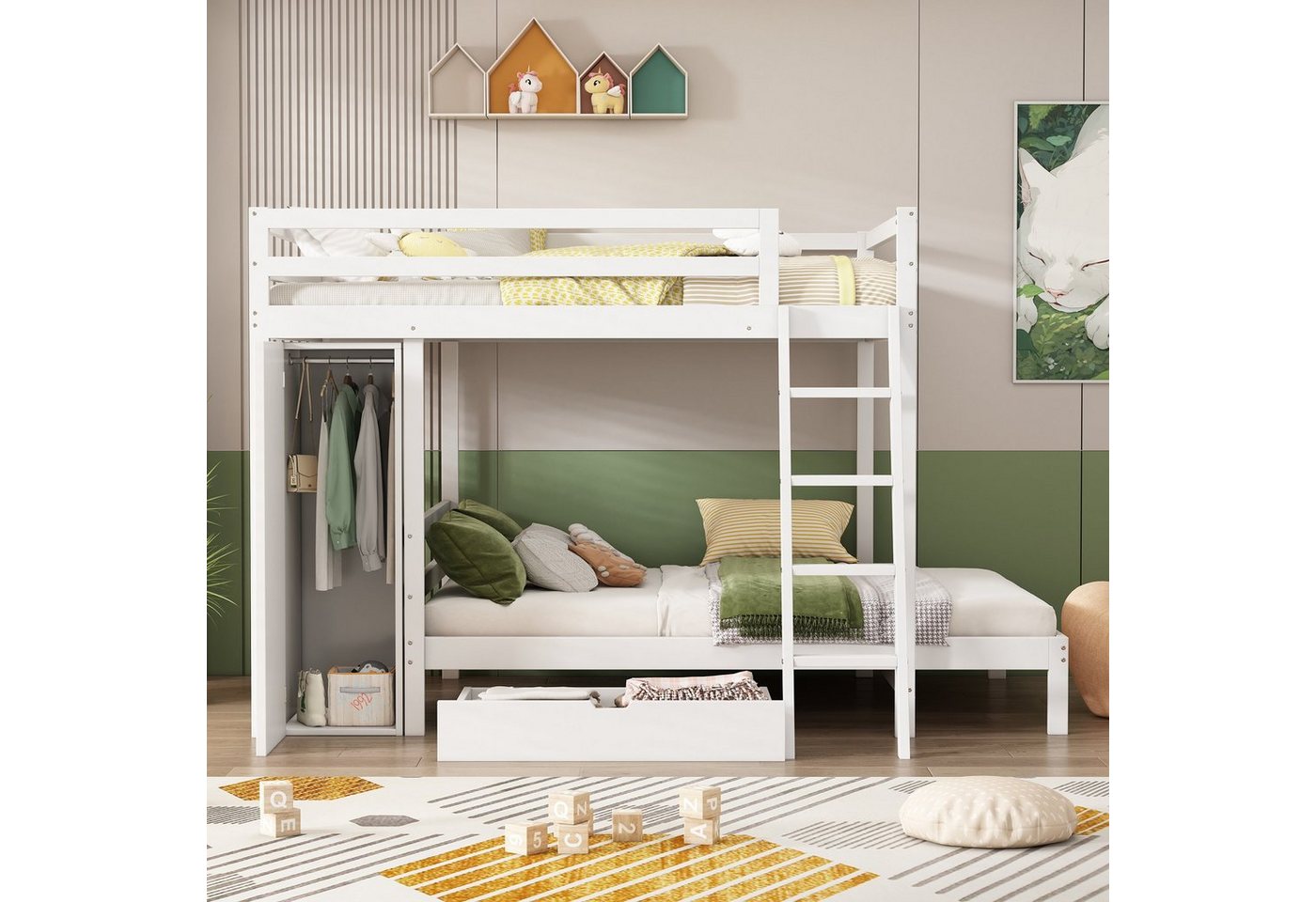 OKWISH Etagenbett Holzbett mit Kleiderschrank, mit Schublade (Kinderbett mit Fallschutz und Gitter, Rahmen aus Kiefer 90x200cm), ohne Matratze von OKWISH