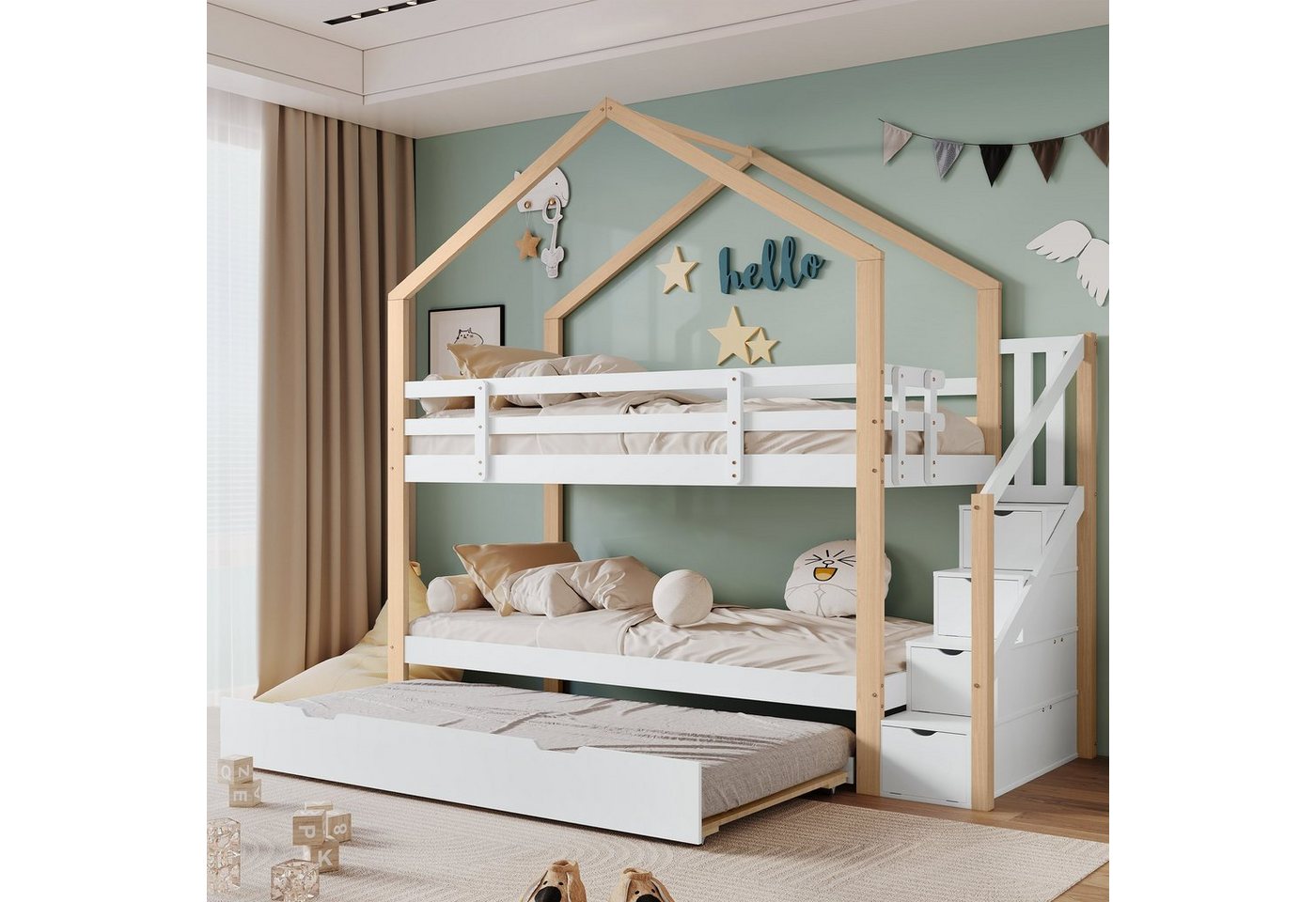 OKWISH Etagenbett Kinderbett, Ausziehbares Baumhausbett, Schiebebett, Einzelbett (mit Absturzsicherung und Kinderbettgitter, mit Lattenroste, Treppe mit 4 Schubladen, ausziehhare Liegeffäche), 90x200cm&90x190cm, Ohne Matratze von OKWISH