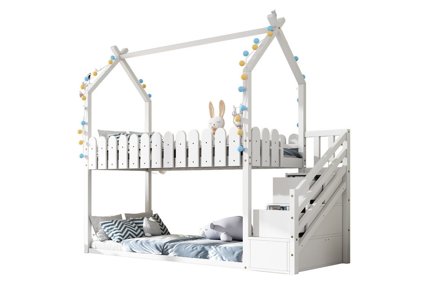 OKWISH Etagenbett Kinderbett, Hochbett Kiefer Kinderbett Hausbett 2 Schubladen 90x200cm von OKWISH