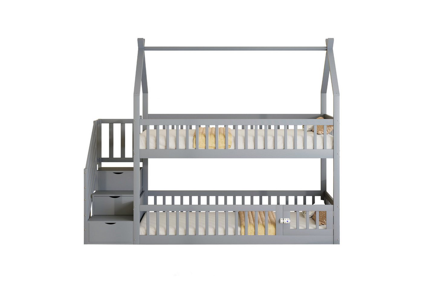 OKWISH Etagenbett Kinderbett (aus Massivholz mit Dach, Sicherheits-Treppe und Stauraumschubladen, 90x200 cm), Inklusive Matratze von OKWISH