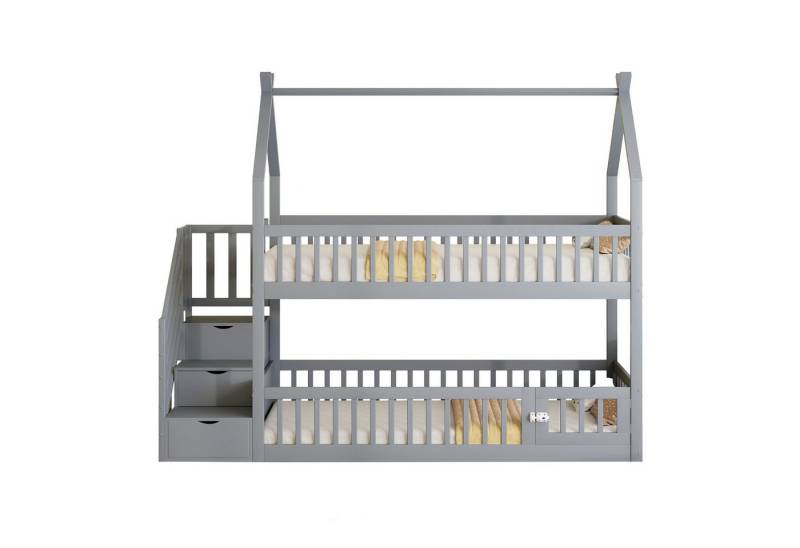 OKWISH Etagenbett Kinderbett (aus Massivholz mit Dach, Sicherheits-Treppe und Stauraumschubladen, 90x200 cm), Inklusive Matratze von OKWISH