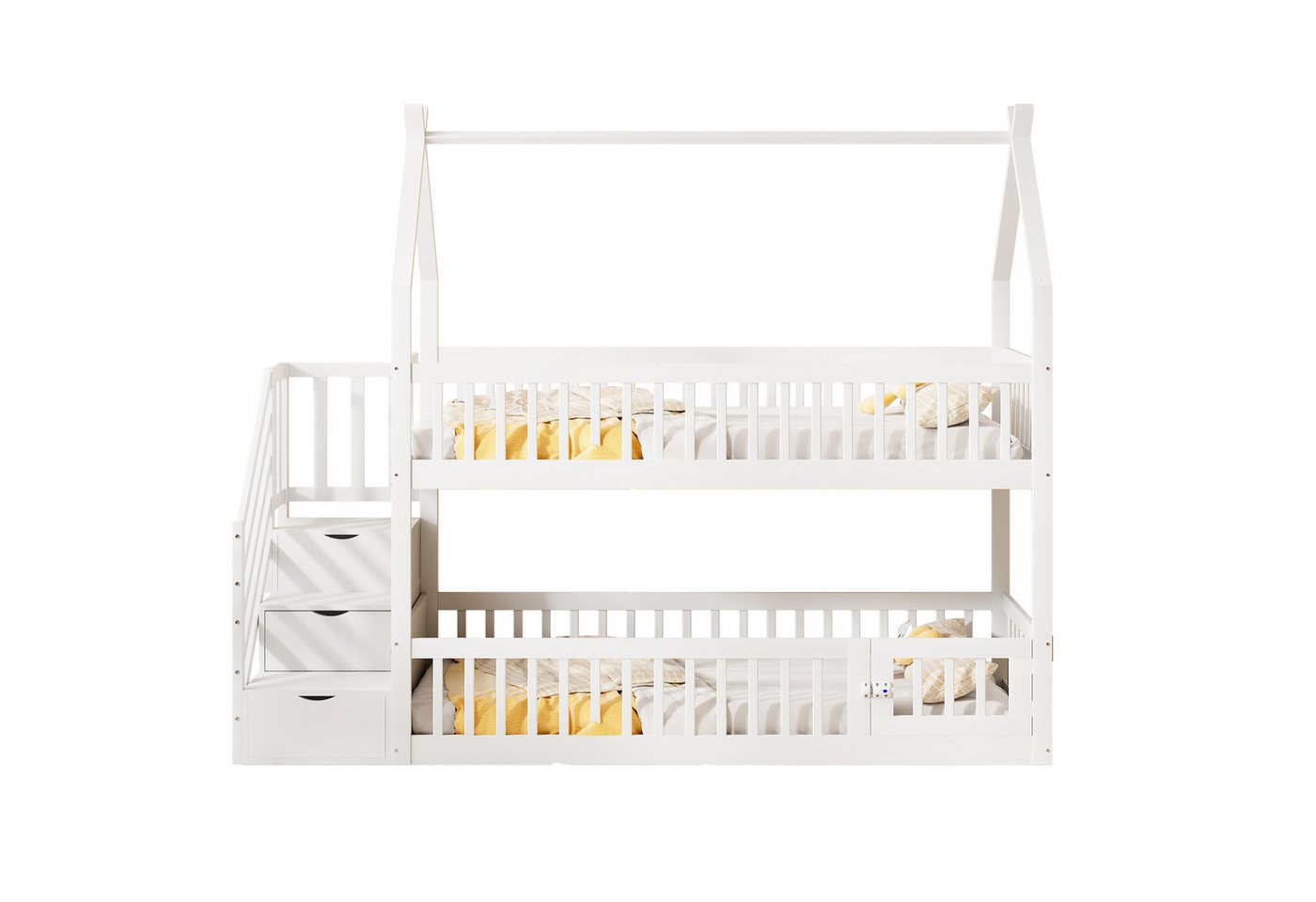 OKWISH Etagenbett Kinderbett (aus Massivholz mit Dach, Sicherheits-Treppe und Stauraumschubladen, 90x200 cm), Inklusive Matratze von OKWISH
