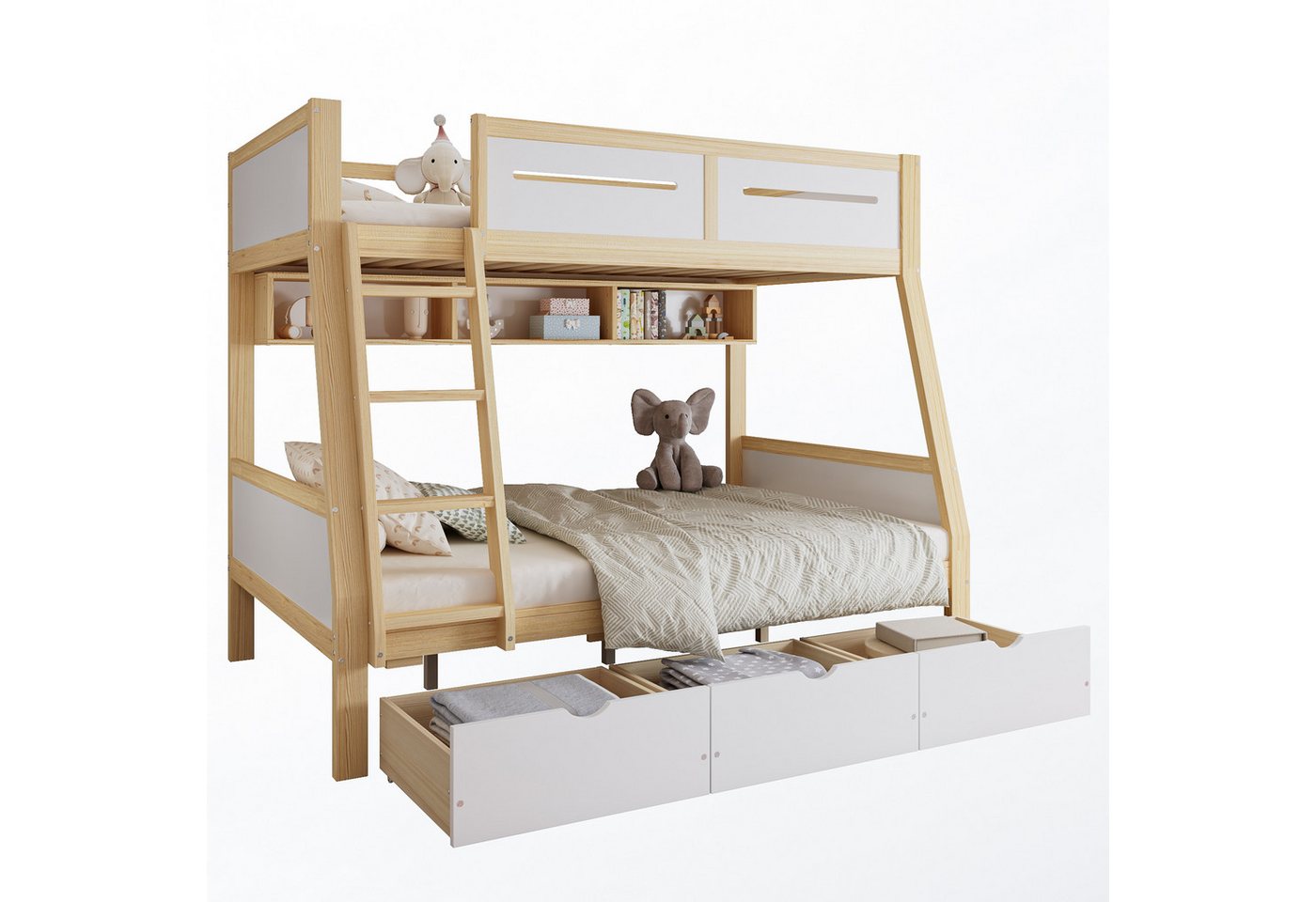 OKWISH Etagenbett Kinderbett (mit 3 Schubladen und 2m Bücherregal, sichere Umzäunung, Trittleiter, 90x200 & 120x200 cm), ohne Matratze von OKWISH