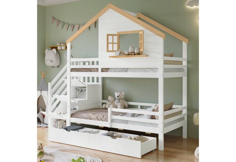 OKWISH Etagenbett Kinderbett (mit Aufbewahrungstreppen, Stauraum unter dem Bett und Fensterdesign, Holzbett aus Kiefer & MDF, 90x200 cm), ohne Matratze von OKWISH