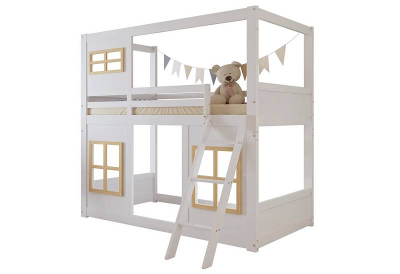 OKWISH Etagenbett Kinderbett (mit charmanten Fenstern, stabiler Trittleiter & Rundum-Sicherheitsumzäunung, 90x200 cm), ohne Matratze von OKWISH