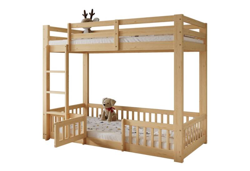 OKWISH Etagenbett Kinderbett (sicherer Schlafplatz mit rechtwinkliger Treppe, Spielraum unter dem Bett, Holzbett aus Kiefernholz mit Tür und Geländer, 90x200cm), Inklusive Matratze von OKWISH