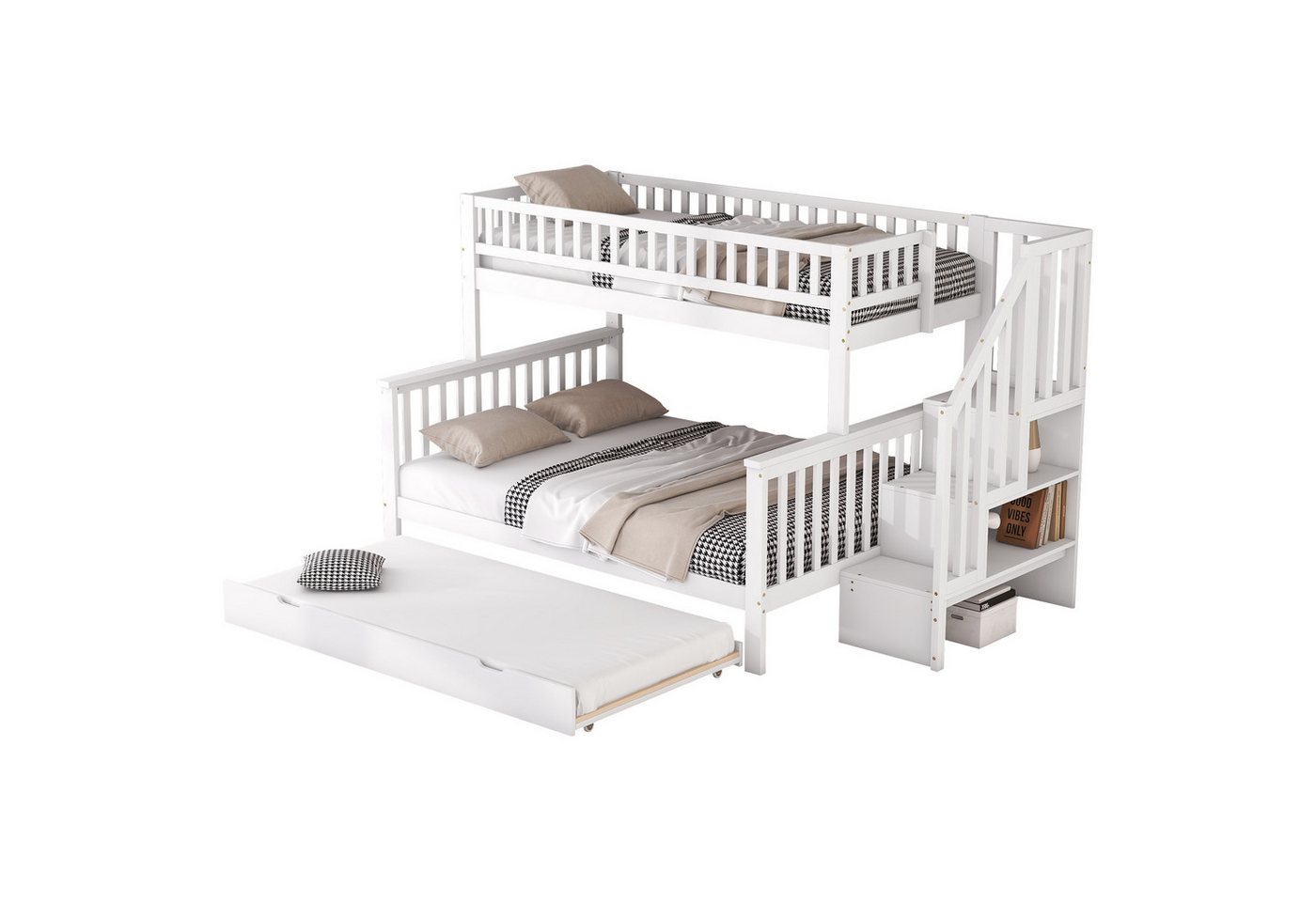 OKWISH Etagenbett Kinderbett Bett Einzelbett Gästebett Jugendbett (90 x 200 über 140 x 200 Etagenbett, mit Rollbett und Treppe, weiß) von OKWISH