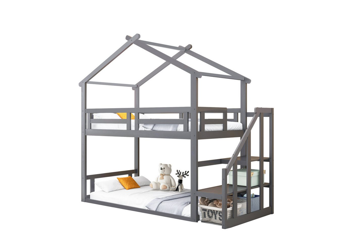 OKWISH Etagenbett Kinderbett Einzelbett Holzbett Gästebett (mit Sicherheitstreppe, Etagenbettgestell aus Massivholz mit Lattenrost, 90x200cm), Ohne Matratze von OKWISH