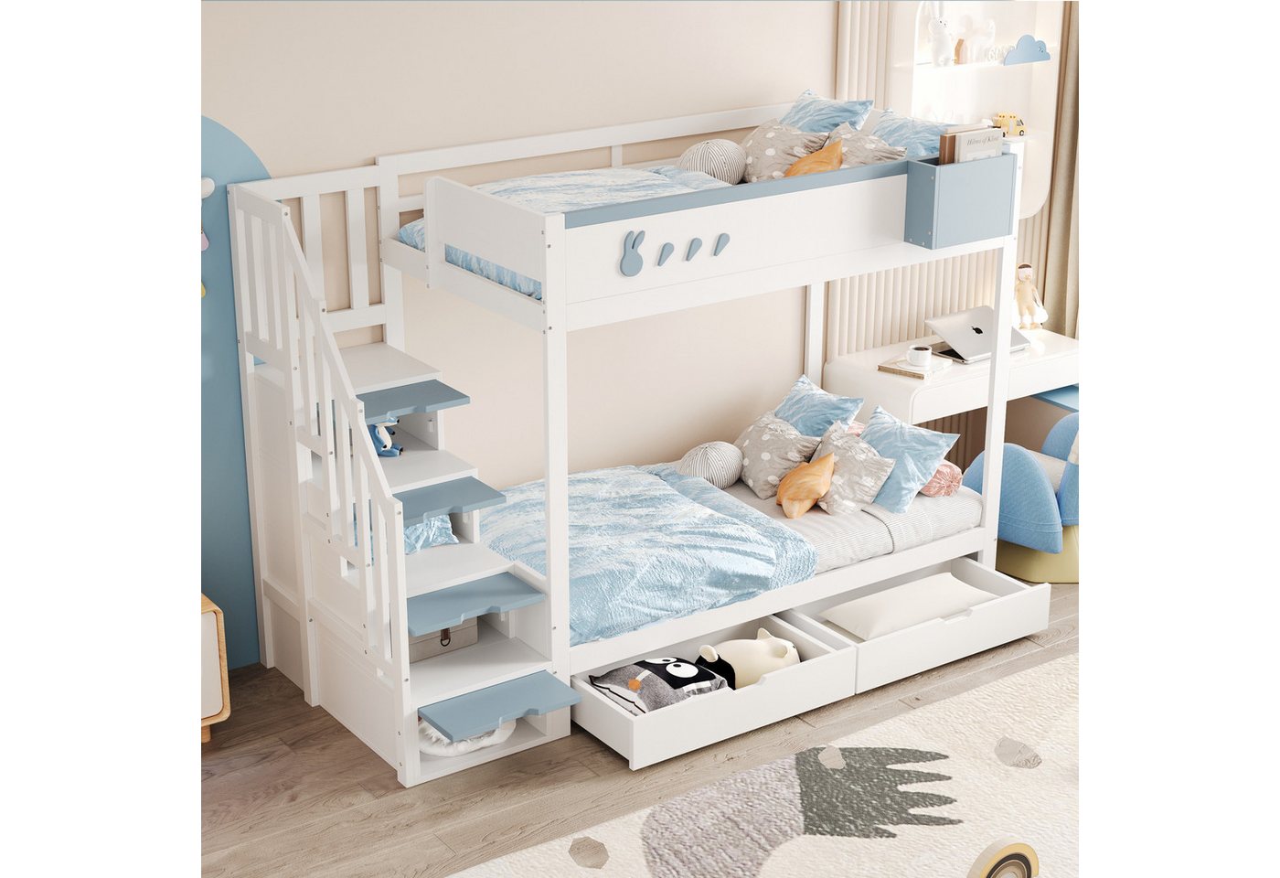 OKWISH Etagenbett Kinderbett Holzbett (mit Kaninchen- & Karottenmotiven, abnehmbarem Ablagefach, Schubladen, Lattenrost und sicherer Leiter, 90×200 cm), ohne Matratze von OKWISH