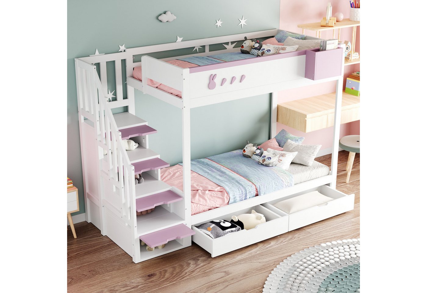 OKWISH Etagenbett Kinderbett Holzbett (mit Kaninchen- & Karottenmotiven, abnehmbarem Ablagefach, Schubladen, Lattenrost und sicherer Leiter, 90×200 cm), ohne Matratze von OKWISH