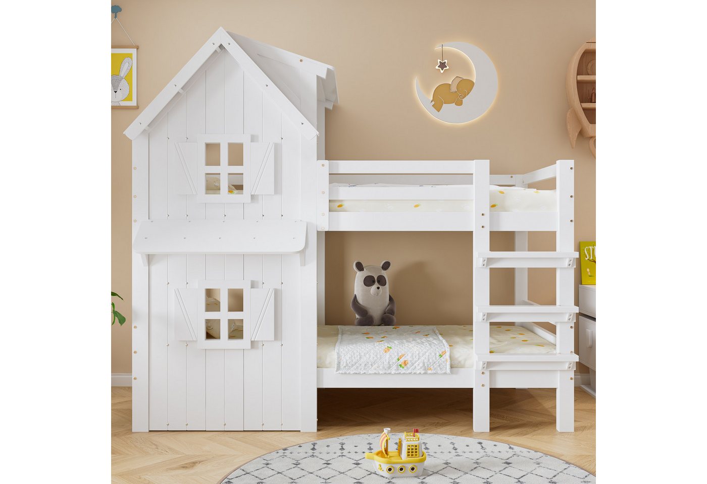 OKWISH Etagenbett Kinderbett Holzbett (mit schönen Fenstern und Dach, Seitlichen Sicherheitsgeländern, Dreistufiger Leiter, Stabile Lattenroste, 90x200cm), ohne Matratze von OKWISH