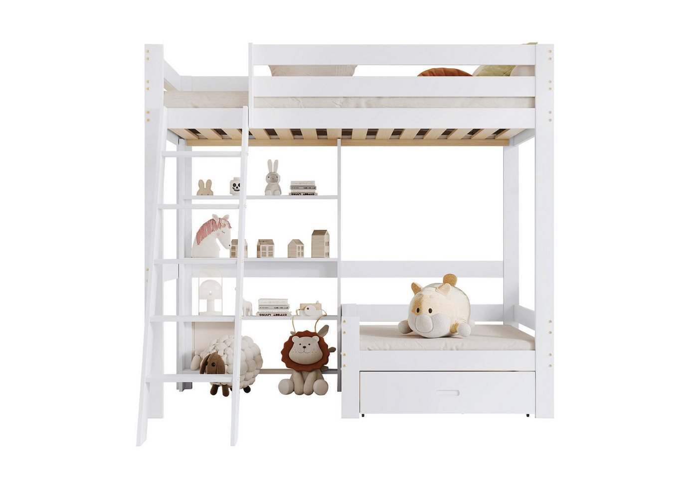 OKWISH Etagenbett Kinderbett Holzbett Funktionsbett (mit fünfstufiger Schrägleiter, Bettrahmen aus Massivholz, mit Regalen und Sofa, mit einer Schublade 90x200 cm), Ohne Matratze von OKWISH