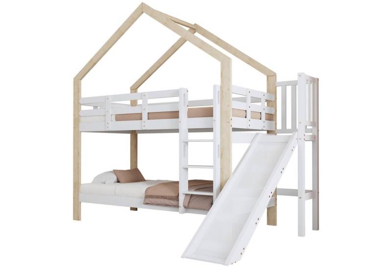 OKWISH Etagenbett Kinderbett Holzbett Hausbett (Etagenbett mit Rutsche und Dreistufiger Leiter, Hausbett mit Absturzsicherung, Platzsparend, für Kinderzimmer), Ohne Matratze von OKWISH
