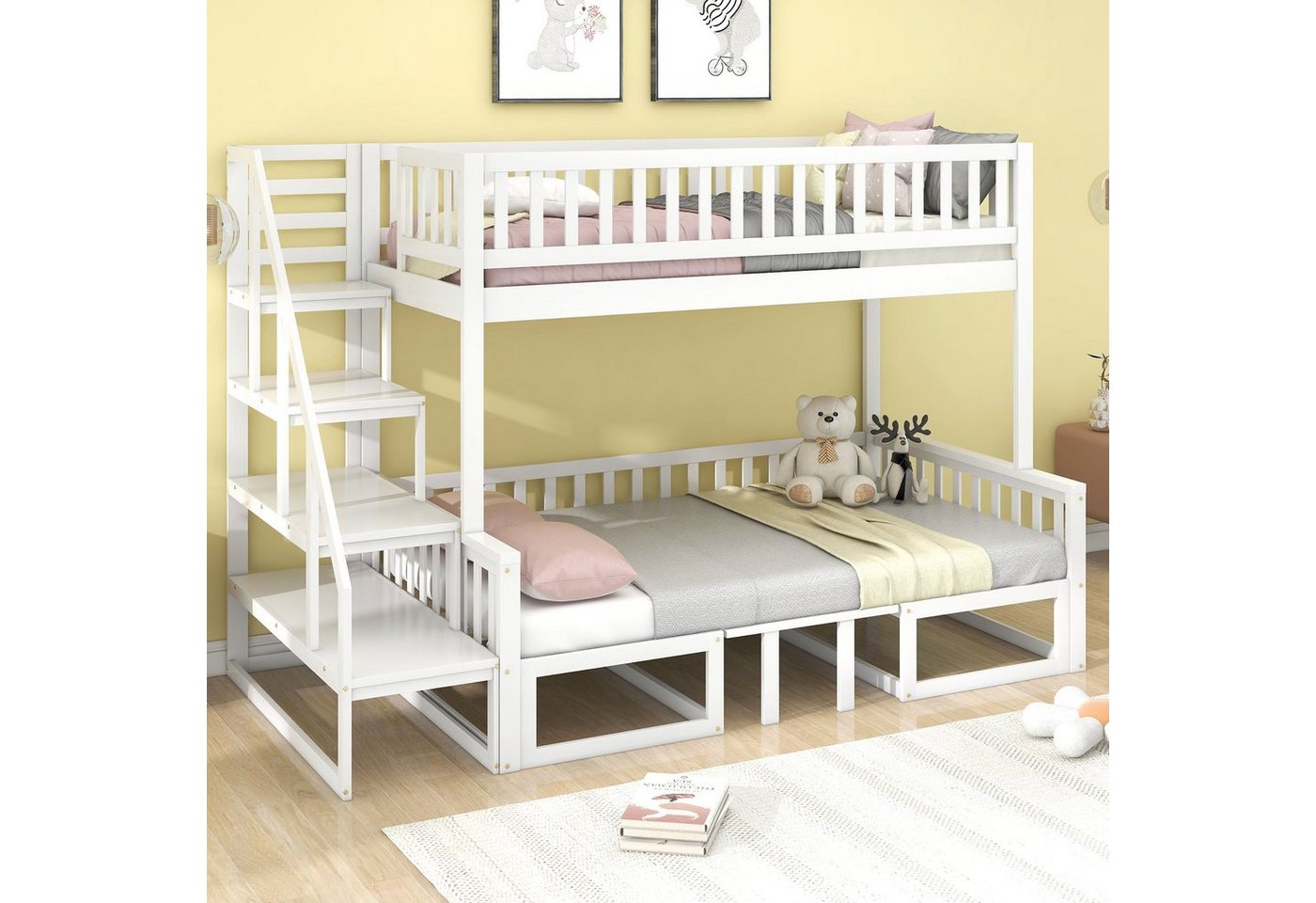 OKWISH Etagenbett Kinderbett mit Treppe, mit verstellbarem Tisch, mit Holzsofa (obustes Kieferholzgestell 90x200cm&120*200cm), ohne Matratze von OKWISH