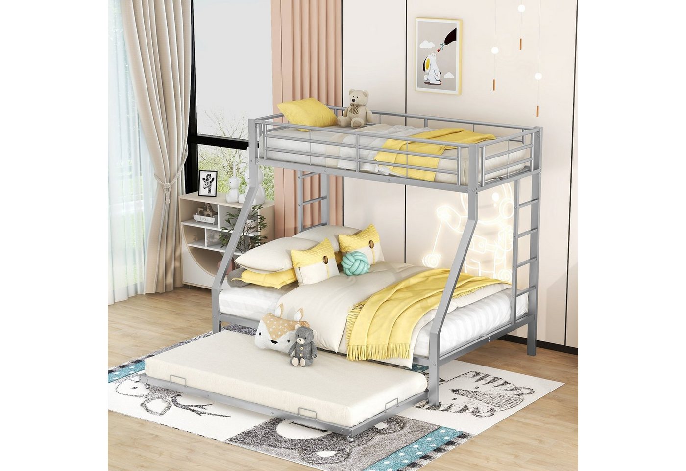 OKWISH Etagenbett Metallbett mit ausziehbarem Bett 90(140)x200cm (mit ausziehbarem Bett,mit Leiter auf beiden Seiten), Ohne Matratze von OKWISH