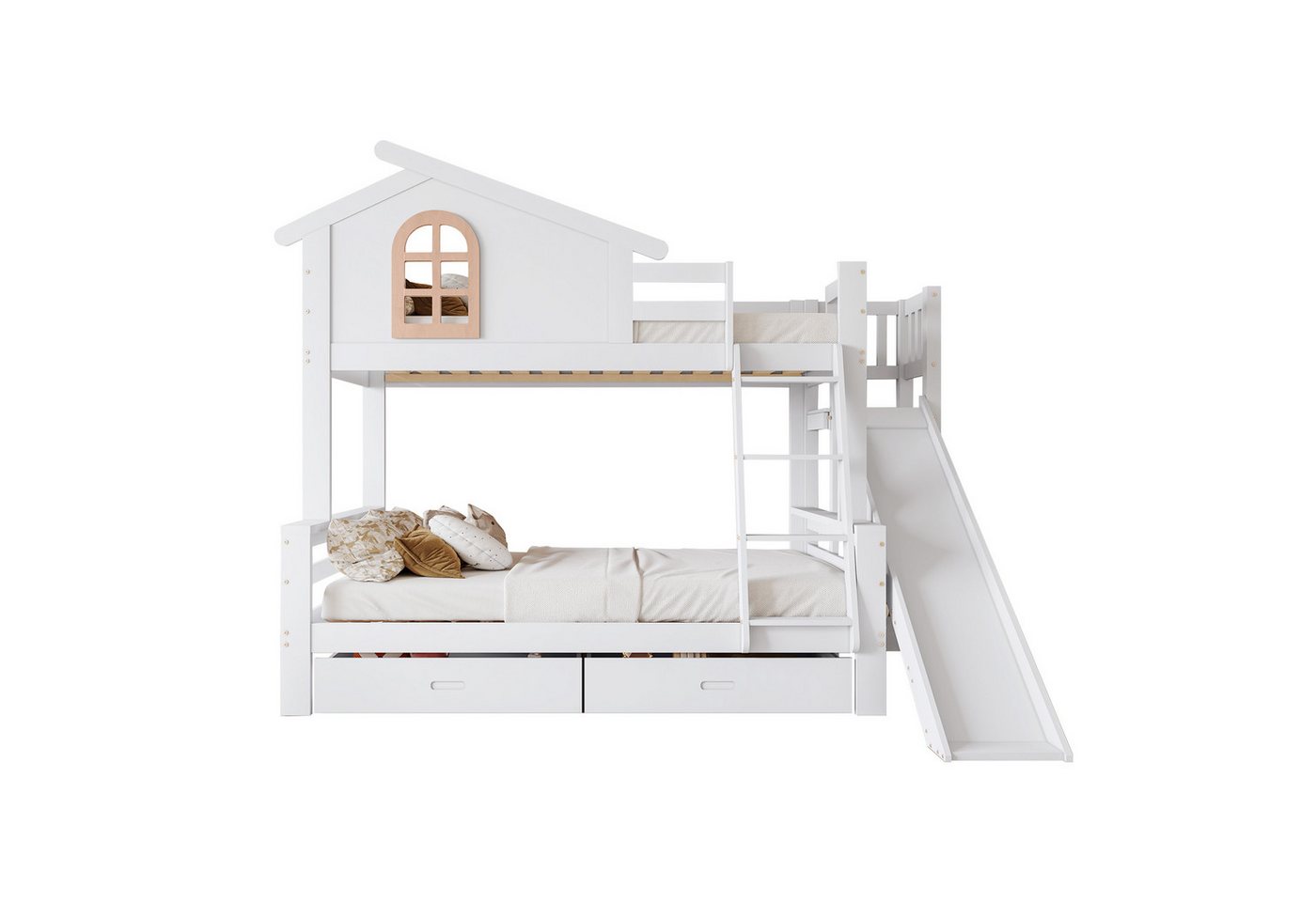 OKWISH Etagenbett Stauraumbett Kinderbett Holzbett (mit charakteristischen Fenstern und vierstufiger Kipptreppe), 90x200cm & 120x200cm, Ohne Matratze von OKWISH