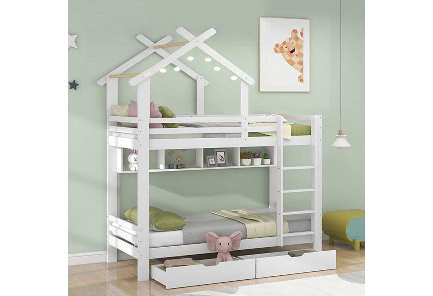 OKWISH Etagenbett mit Schubladen und Regalen, mit dreistufige rechtwinklige Leiter (Kinderbett mit Fallschutz und Gitter, Rahmen aus Kieferholz 90x200cm), ohne Matratze von OKWISH