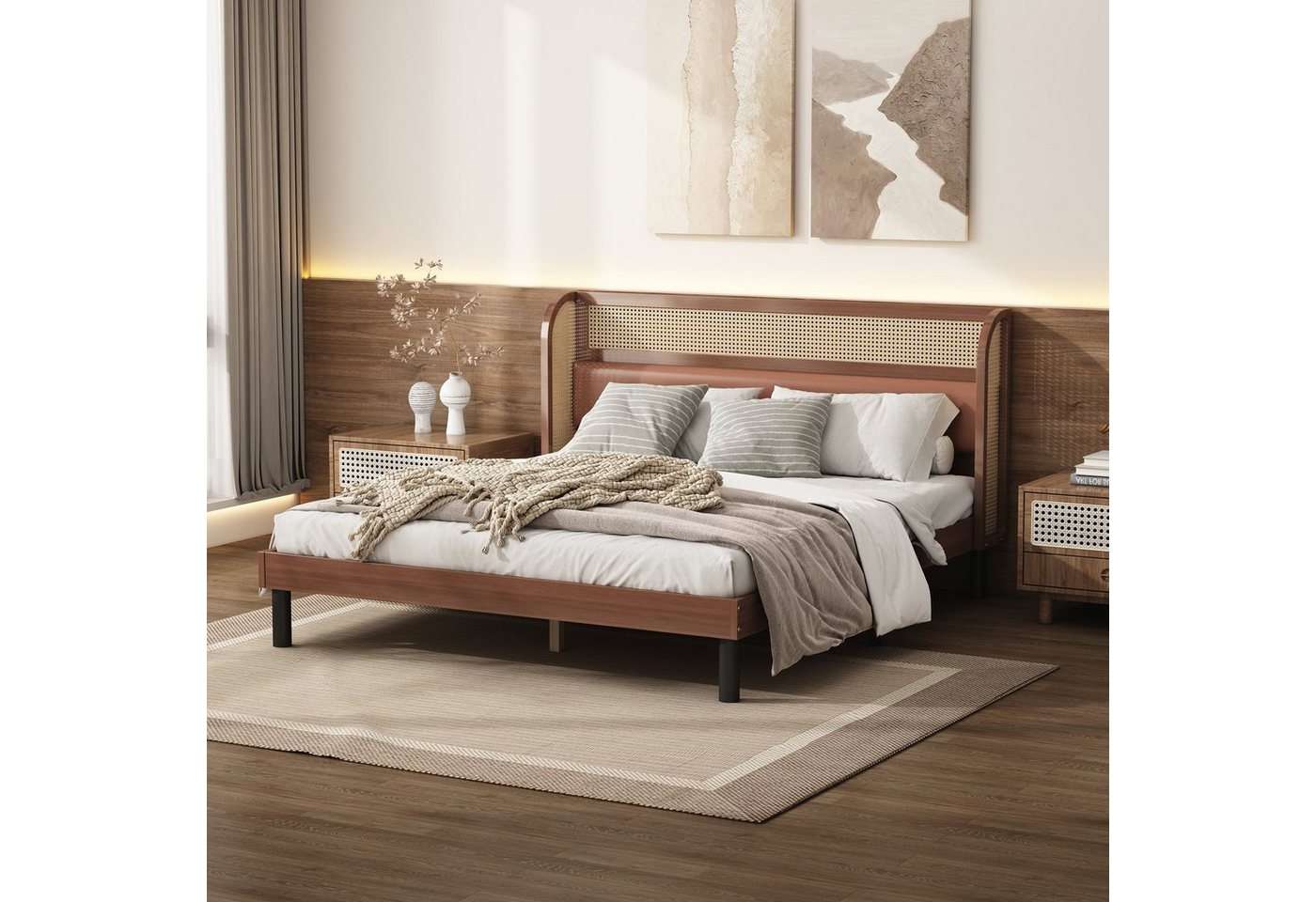 OKWISH Funktionsbett mit kunstleder-Polster und Rattan, Gebogene Ohren mit Rattanmaterial (Erwachsenenbett mit Holz Lattenroste 160x200cm), ohne Matratze von OKWISH