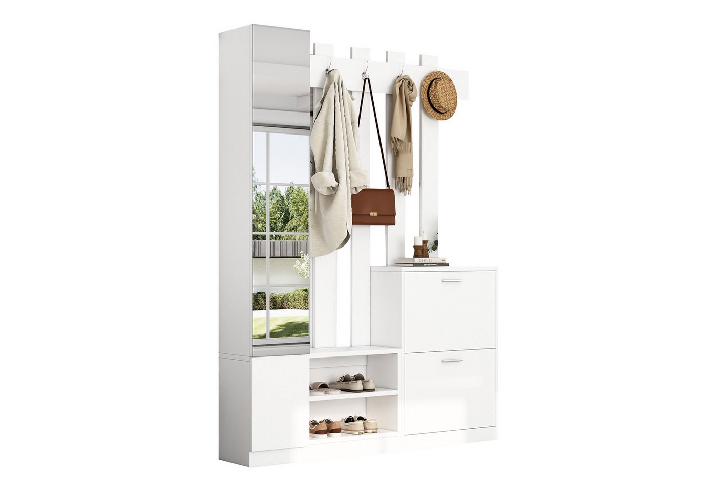 OKWISH Garderoben-Set 180cm hoch, mit Spiegel, (Flurschrank, Hängeschrankregal, 1-St., 2 unteren Klapptüren-Schuhschränken + 2 Aufbewahrungsschränke) von OKWISH