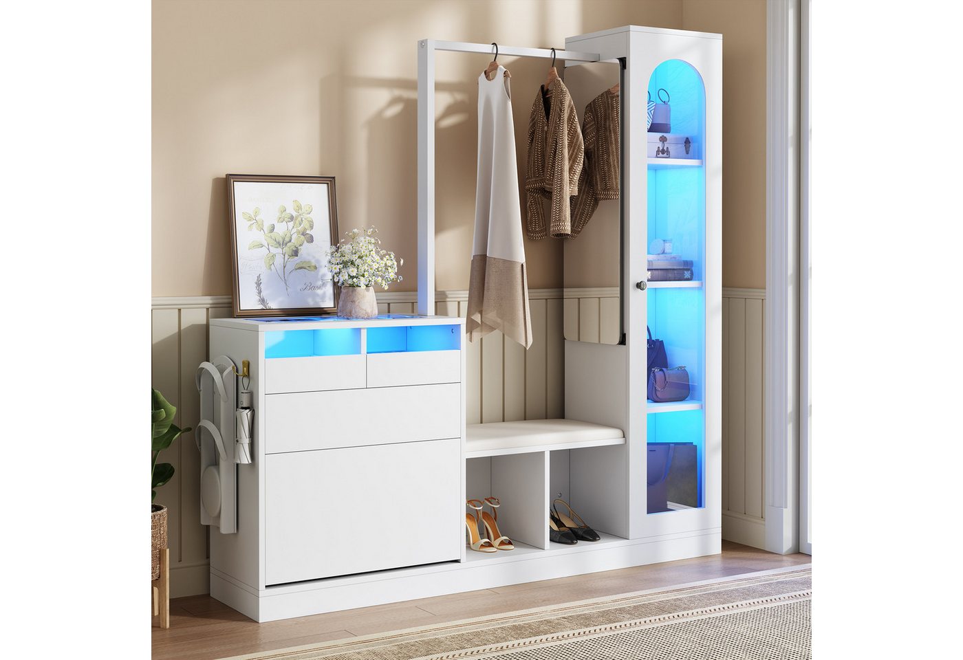 OKWISH Garderoben-Set 6-in-1-Eingangskombination, (Frisiertisch, Flurschrank, 1-St., mit Kleiderstange, Schuhbank und Klappschuhschrank, Glasvitrine), farbwechselndem LED-Licht von OKWISH