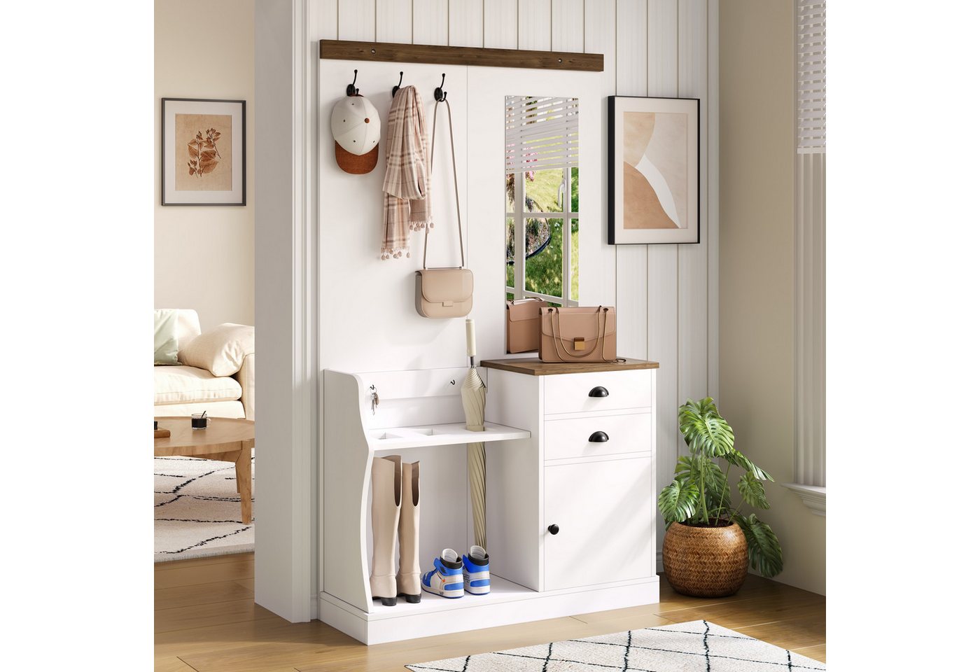 OKWISH Garderoben-Set Ankleide-, Aufbewahrungs- und Hängefunktionen, (Flurschrank, Eingangsschrank, 1-St., 110,5 x 191 x 38 cm), mit Spiegel, Haken, Schubladen und Schirmständer von OKWISH