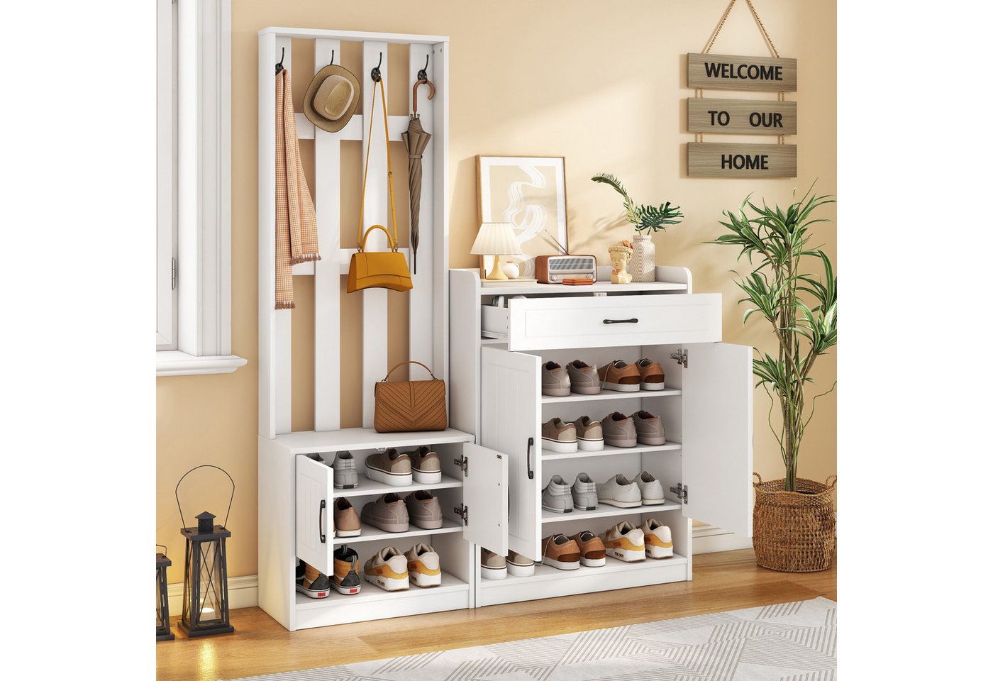 OKWISH Garderoben-Set Flurmöbel, Schuhwechsler-Set, (Wandhängeschrank, Flurtrockenständer, Kleiderschrank, 1-St., 140*32*180cm), Kombination: Bank + Garderobenpaneel + Schuhschrank von OKWISH