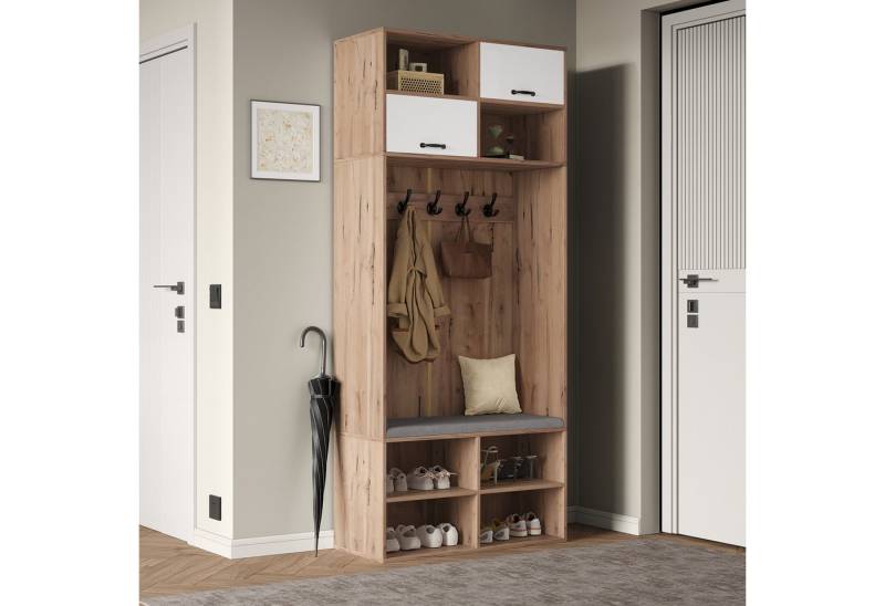 OKWISH Garderoben-Set Ideal für den Flur, (mit Sitzbank, 5 Haken, 2 Türen & 6 Offener Lagerraum, 1-St., B80/D30/H185 cm) von OKWISH