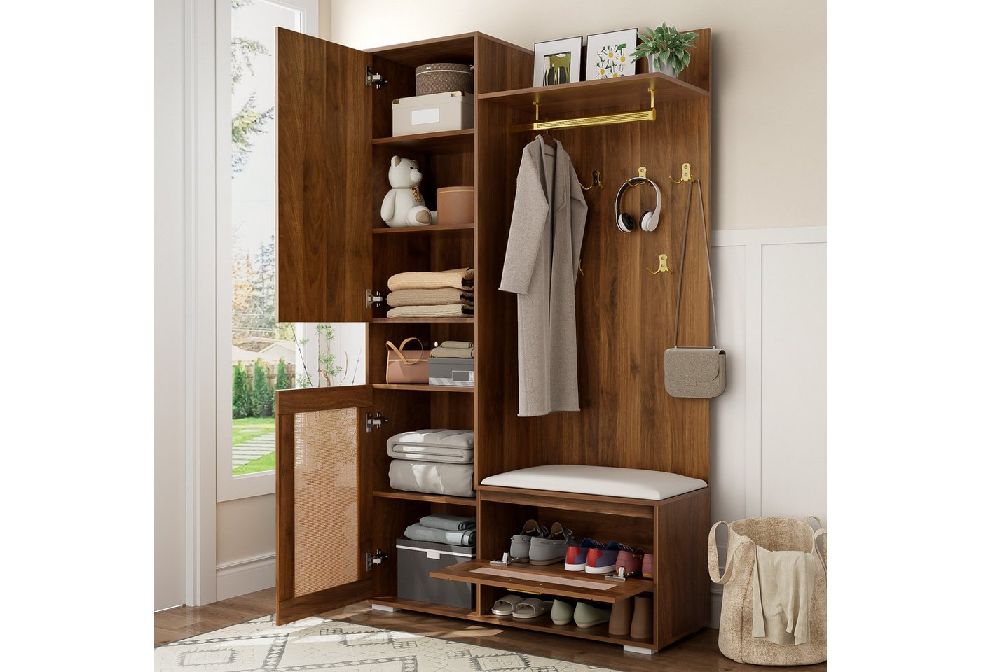 OKWISH Garderoben-Set Kleiderschrank-Set mit Spiegel, (Packung, 1-St., Kleiderschrank-Set mit oberem Stauraumfach,6 Kleiderhaken), mit Sitzbank und 16-farbiger LED-Beleuchtung von OKWISH